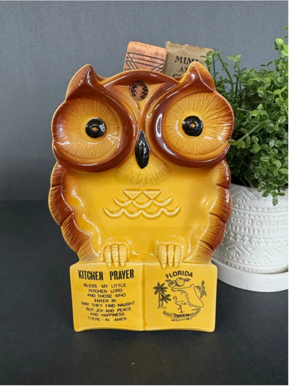 Vintage Ceramic Owl Kitchen Prayer Wall Plaque Florida Decor One Size Yellow 70s